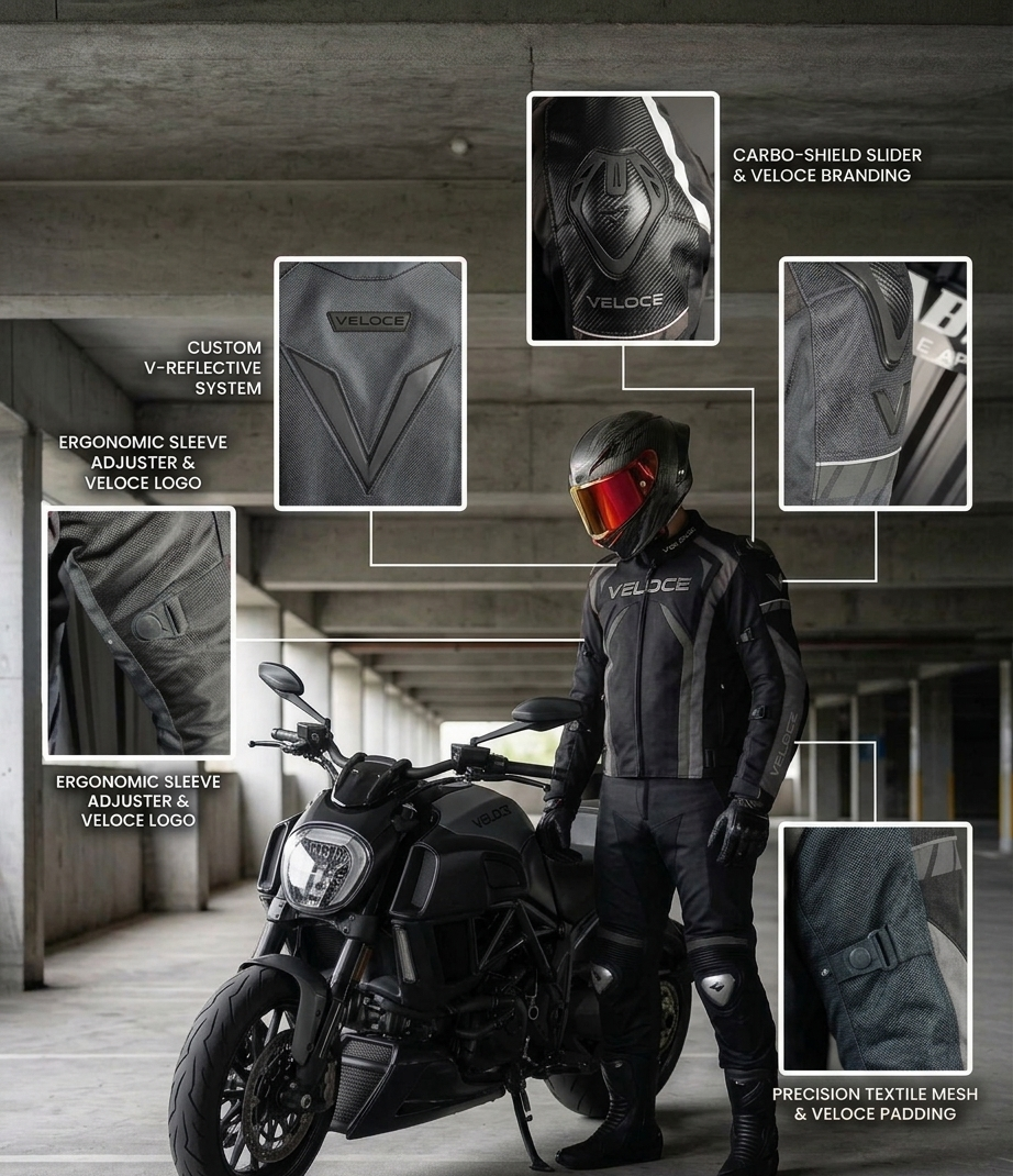 Person wearing a black motorcycle suit and helmet with Veloce branding, standing next to a motorcycle.