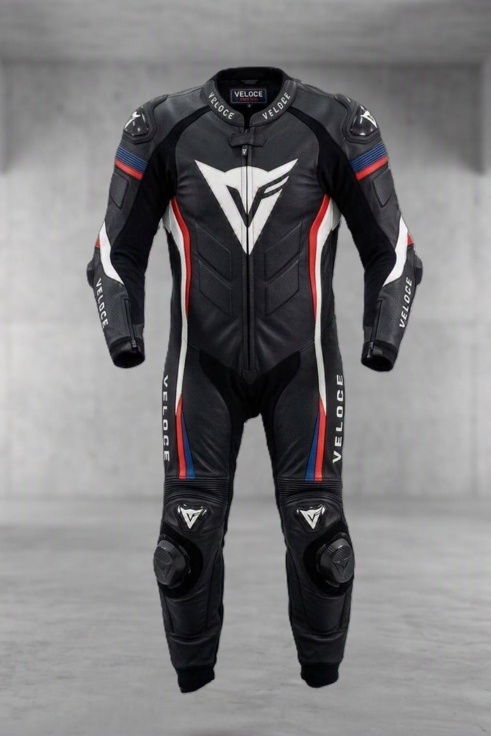 Veloce Tricolore One-Piece Leather Race Suit | Black, Red & Blue